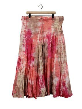 Maxi Boho Broomstick Skirt Tiered XL Cato Cotton Crinkled TieDye Pink Tan Hippie